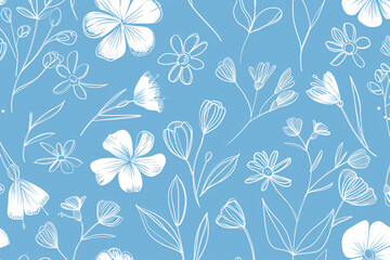 Detailed pattern of white flowers and leaves on a blue background showcasing a hand-drawn artistic style