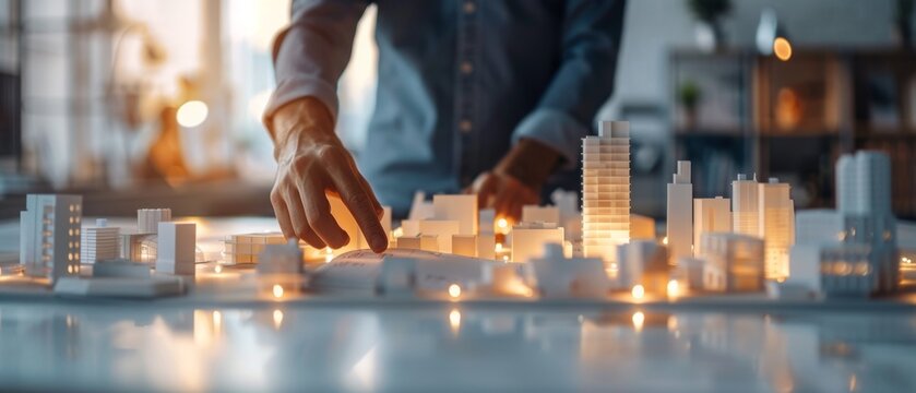 A real estate developer planning a new project with holographic blueprints, illustrating innovation and vision in a bright, minimal office. Space for text.