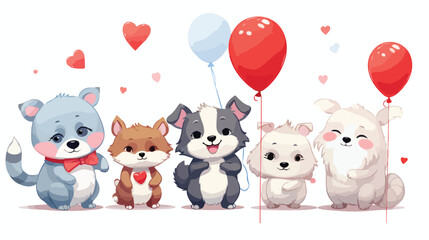 Cute and funny baby animals holding red heart shape