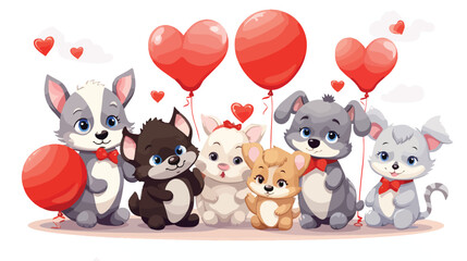 Cute and funny baby animals holding red heart shape