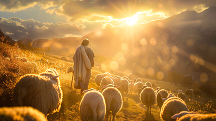 Shepherd leading flock at sunset in mountains