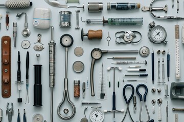 Fototapeta premium Medical instruments organized in white background, Multiple medical instruments and tools