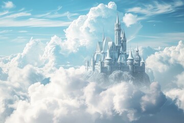 A beautiful castle in a cute, magical kingdom tucked behind a cloud, Majestic castle kingdom on sky and clouds