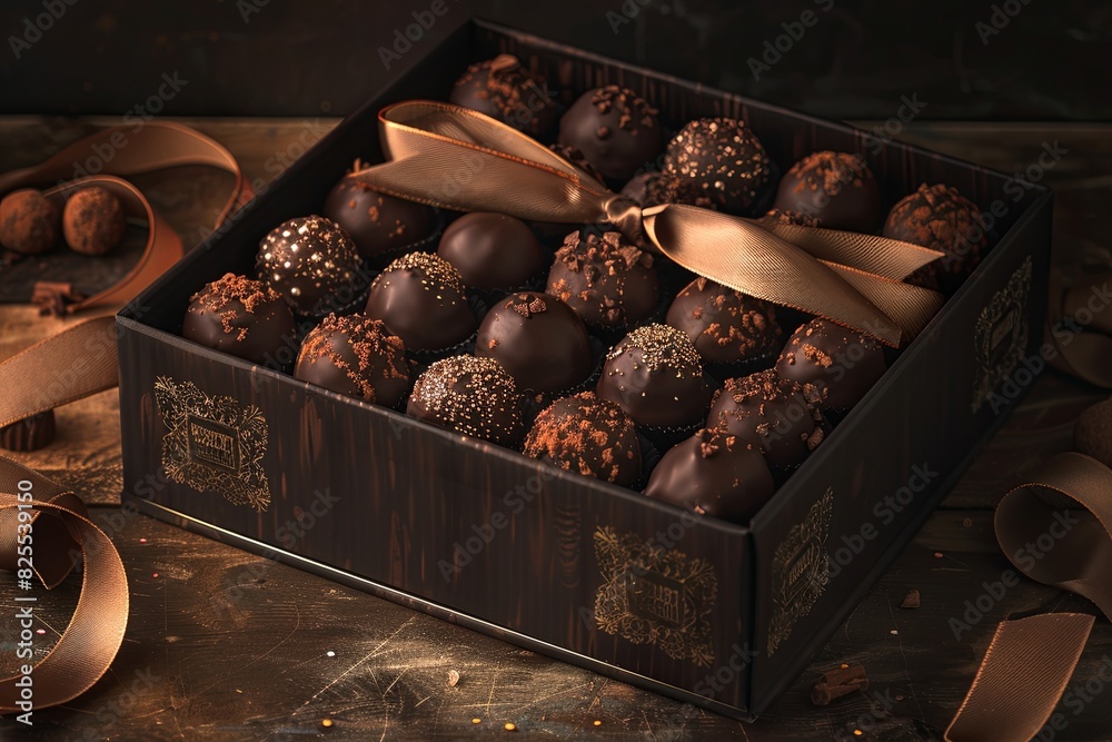 Aufkleber high-detail elegant box of chocolate truffles adorned with a ribbon. luxurious presentation in rich 