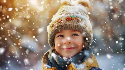 Joyful child in winter wonderland