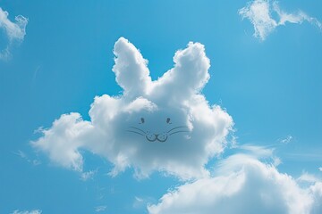 A fluffy cloud shaped like a smiling bunny, floating in a clear blue sky