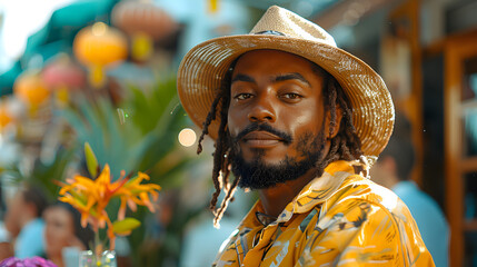 Portrait of a Man in a Straw Hat with a Flower in Hand. The man is smiling and looks happy