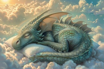 A friendly dragon sleeping peacefully on a bed of clouds
