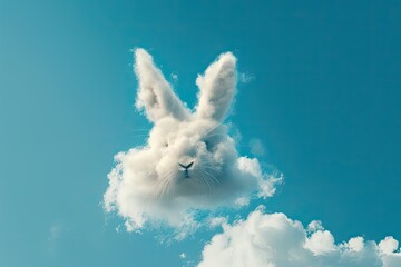 A fluffy cloud shaped like a smiling bunny, floating in a clear blue sky