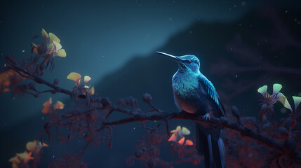 Fototapeta premium A blue hummingbird perched on a tree branch, that has flowers instead of feathers, the bird's body seamlessly transitioning from metallic blue to a bouquet of flowers, petals replacing feathers, the b