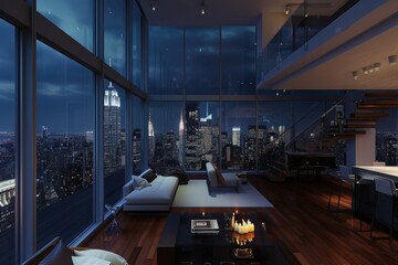 A luxurious penthouse apartment overlooking a bustling city skyline