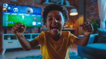 Excited child cheering while watching soccer game on tv