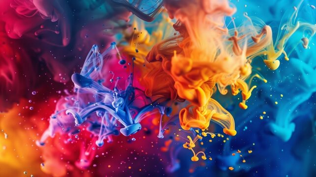 A vibrant ink swirl with splashes of different colors blending together representing the various types of gluons and their effects on quarks.