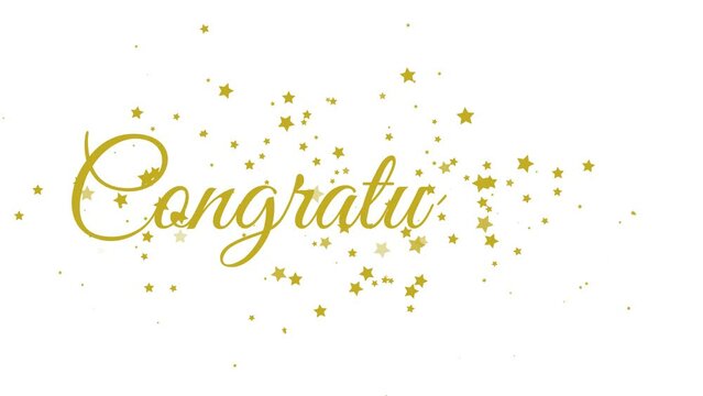 Congratulations text handwriting animation with golden stars particles confetti sparkles golden text on a white background. Suitable for celebrations, events and your other projects, calligraphy style
