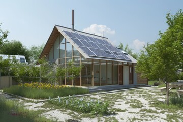 A minimalist, eco-friendly home with solar panels and a vegetable garden