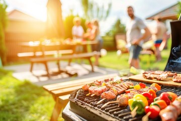 Obraz premium Group of friends enjoying a backyard barbecue party with assorted grilled foods - Social Gathering, Summer Entertainment, Outdoor Cooking