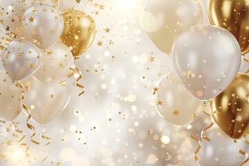 an elegant birthday background with gold accents balloons and confetti