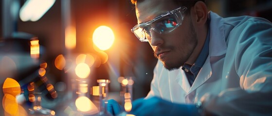 A researcher presenting new findings with holographic visualizations, illustrating insights and innovation in a vibrant, minimal lab environment. Space for text.