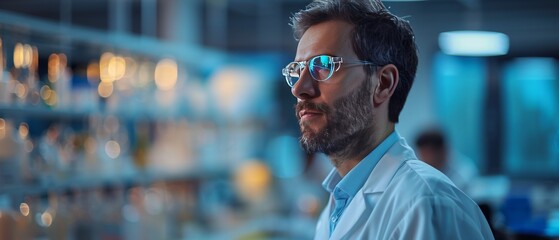 A researcher presenting new findings with holographic visualizations, illustrating insights and innovation in a vibrant, minimal lab environment. Space for text.