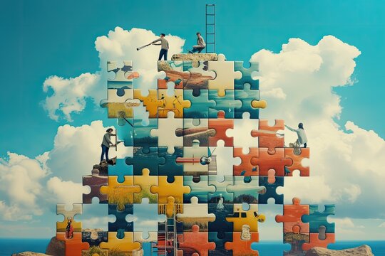 A piece showing a team coming together to complete a complex puzzle
