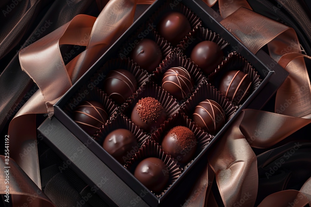 Poster high detail image of a luxurious box of chocolate truffles adorned with ribbons in rich dark colors.