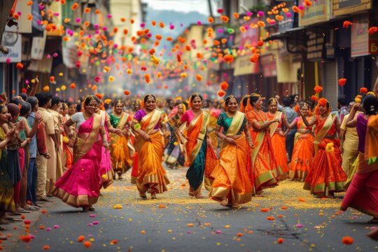 A vibrant picture of Gudi Padwa festivities showcasing people in traditional Maharashtrian dress celebrating the festival