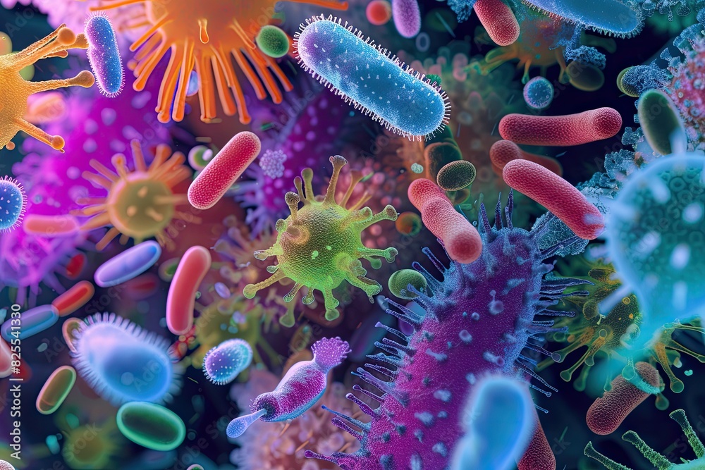 Poster colorful visualization of various bacteria image, cluster of colorful bacteria cell background