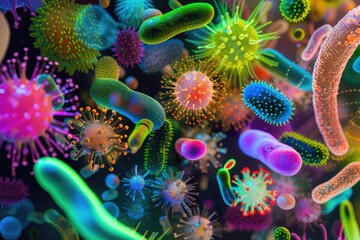 Colorful visualization of various bacteria image, Cluster of colorful bacteria cell background