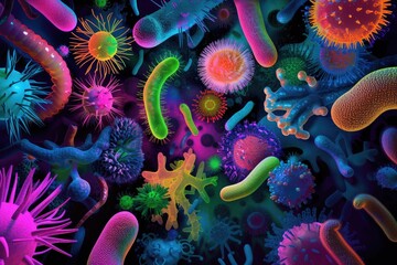 Colorful visualization of various bacteria image, Cluster of colorful bacteria cell background