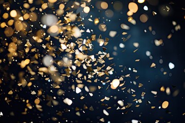 Create a glamorous gold and white confetti shower against a dark background