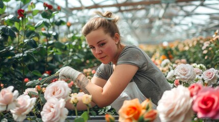 Fototapeta premium Caucasian woman gardener tending to roses in a greenhouse. Flower cultivation, plant care, greenhouse horticulture, gardening