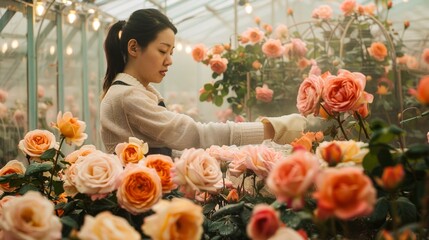 Asian woman florist in greenhouse arranging roses Concept of gardening flower arranging and horticulture - Powered by Adobe