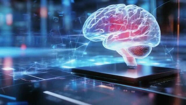 Futuristic quantum physics research lab with holographic, laser flashes, lightning, brain imaging, cinematic style with double exposure, 3D rendering.