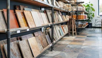 One can browse through a diverse selection of tiles showcased on the shelving units in this store