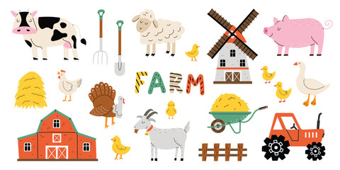 Set of cute farm animals and birds in a flat style. Cow, goat, lamb, goose, chicken, pig, tractor, hay and mill in hand drawn style. Objects for a poster, banner or postcard. White isolated background