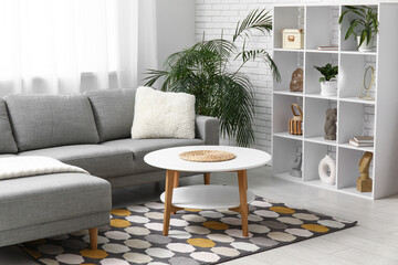 Interior of modern living room with grey sofa, shelving unit and coffee table
