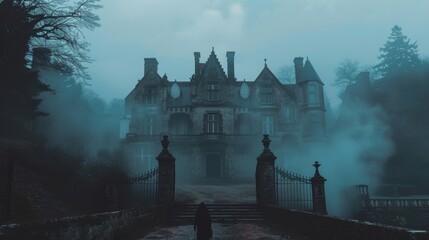 A spooky and haunted mansion surrounded by mist and ghostly figures channeling the eerie and Gothic vibes of horror punk album covers.