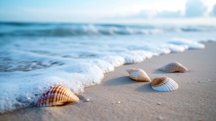 Soothing waves washing over a sandy beach with cute seashells scattered