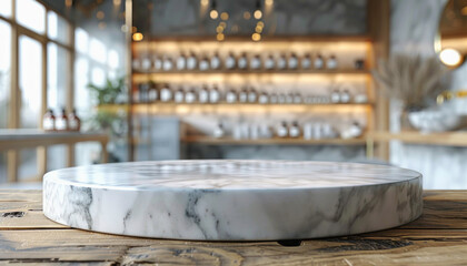In a restaurant, a marble tray sits on a wooden table, harmonizing with the interior design