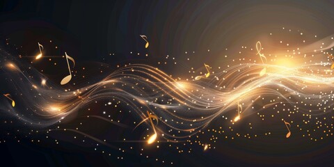 musical notes in the air, musical note with waves of light and sound, on black background Generative AI
