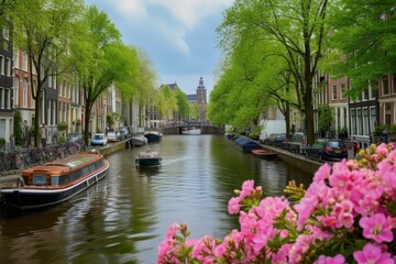 The romantic canals of Amsterdam in spring