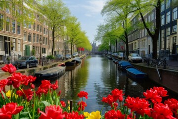 The romantic canals of Amsterdam in spring