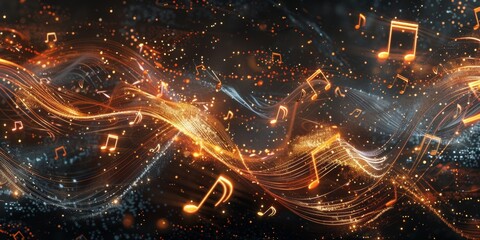 Fototapeta na wymiar A music background with musical notes and white waves on a black background, glowing light effects Generative AI