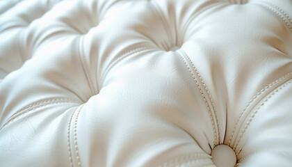 A close up of a white tufted cushion on a bed with elements of comfort and linens