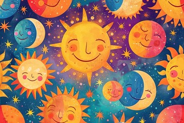 Cute background illustration with smiling faces, sun, moon, stars and delightful motifs
