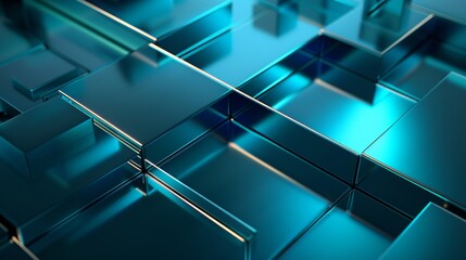 3d rendering metallic with some digital neon lines illustration background. Intersection of metal forms. Layout of random rectangular shapes, i dark blue and turquoise colour