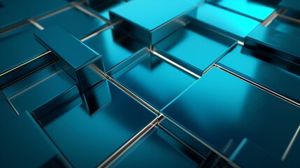 3d rendering metallic with some digital neon lines illustration background. Intersection of metal forms. Layout of random rectangular shapes, i dark blue and turquoise colour