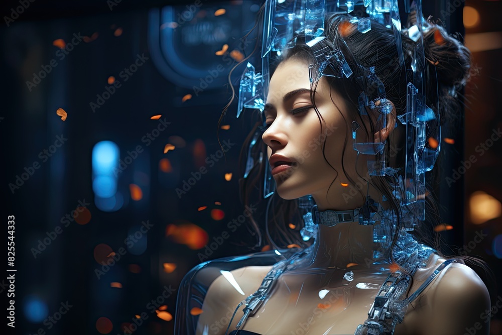 Aufkleber holographic avatars interacting in a virtual space, humanoid with hologram background