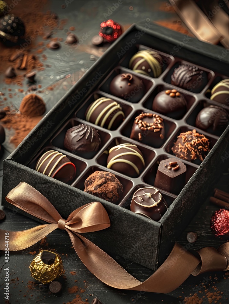 Poster elegant box of chocolate truffles adorned with a ribbon in rich dark colors for a luxurious presenta