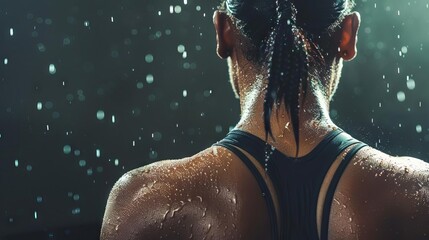 closeup of womans muscular back glistening with sweat after intense workout abstract photo